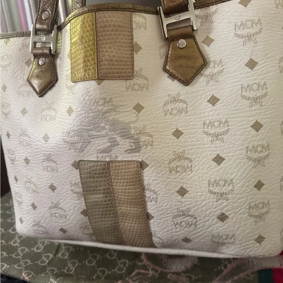 MCM White and Gold Visetos Tote with Brown Trim - Picture 10 of 10